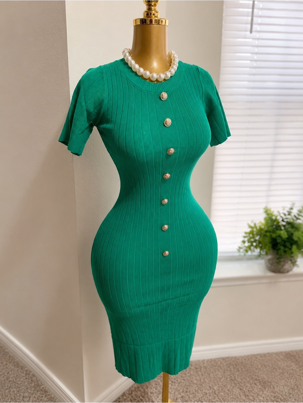 Green Ribbed Button-Front Knit Dress